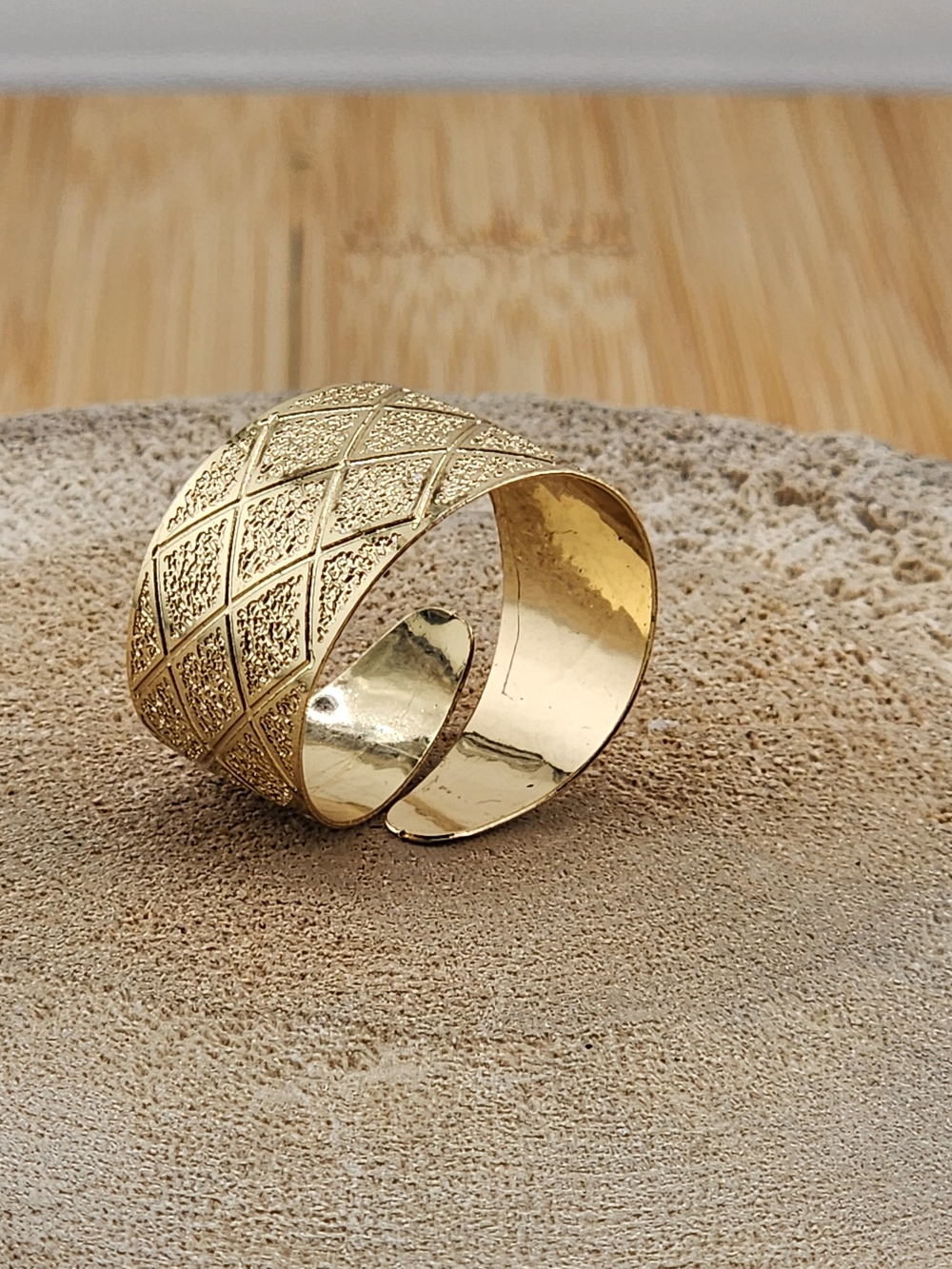 Gold Tone Textured Wide Band Adjustable Ring - Women Jewelry O548